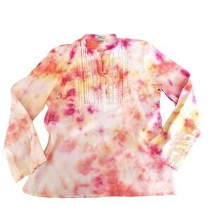 Edward 100% Linen Popover Top Tie Dye Yellow Hot Pink Lace Detail Size L Breezy